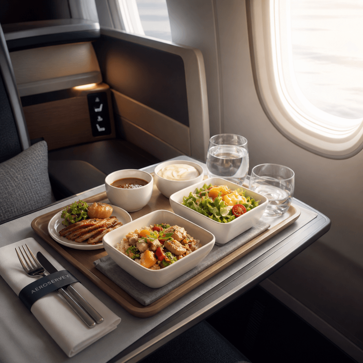 Business class cabin meal tray with Aeroservey-branded cutlery sleeve, salad, main course and beverages by the window